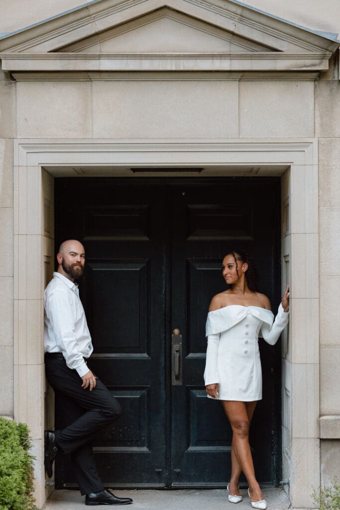 Romantic black tie inspired engagement photo of Cheyanne and Keegan at Osgoode Hall