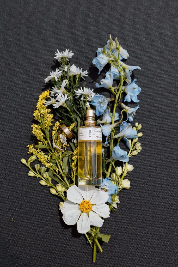 Wedding details with blue and yellow floral details
