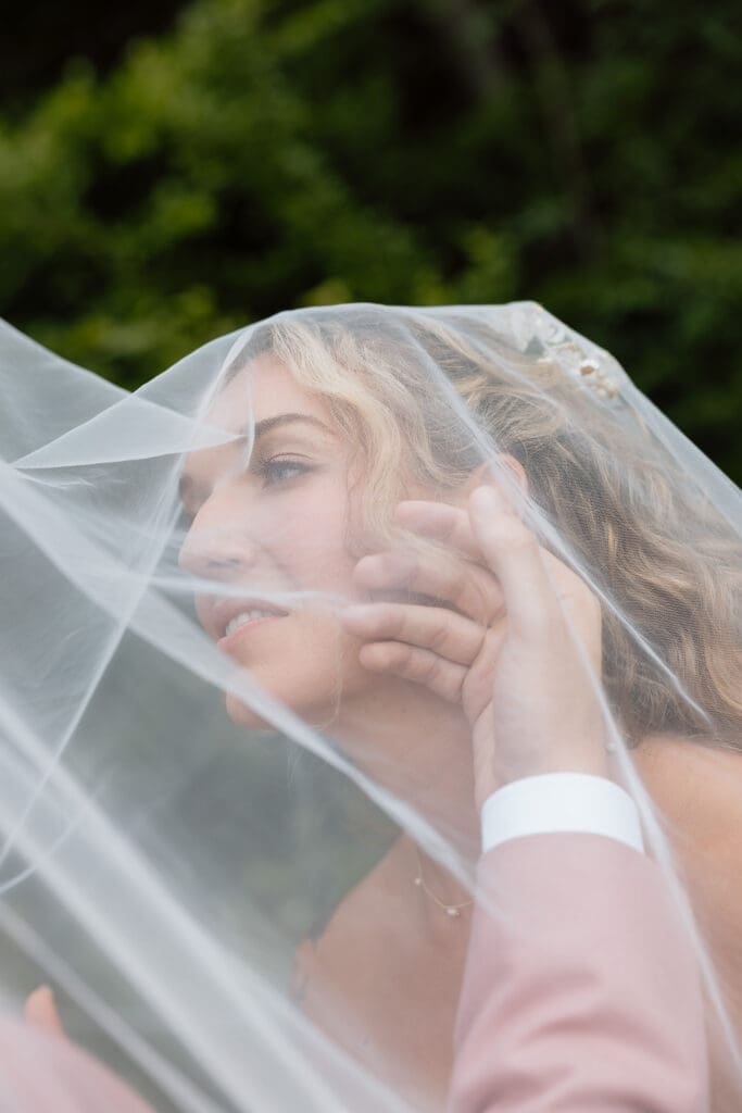 Romantic close-up wedding portrait of newlyweds
