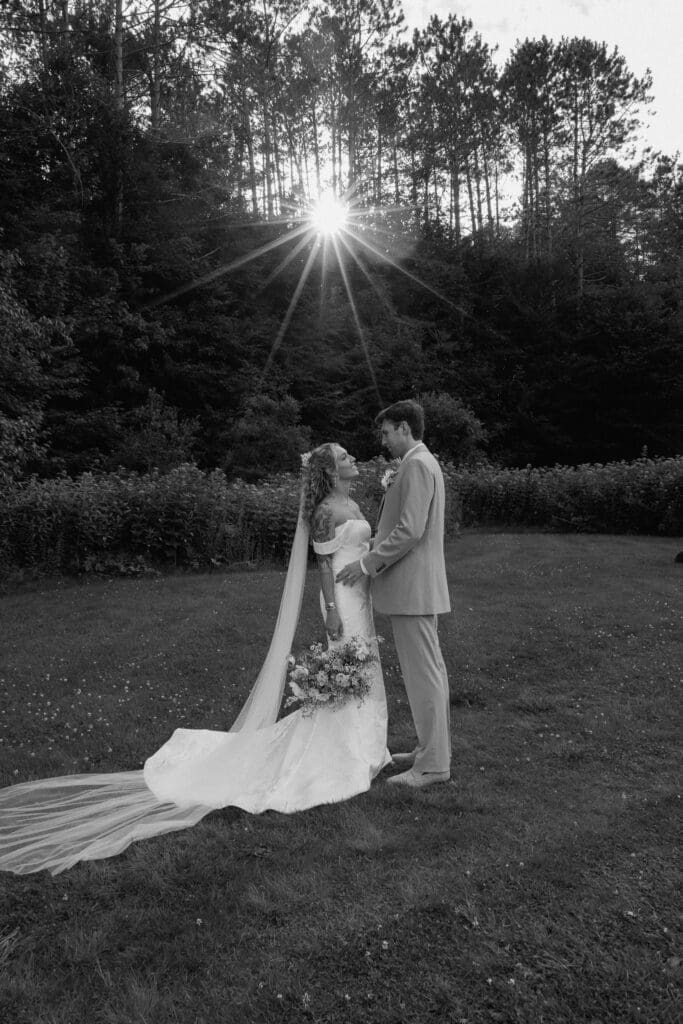 Sunset wedding portrait of newlyweds at Farm Road Estate