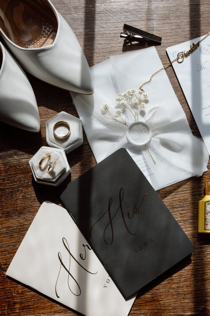 Wedding invitation rings and bridal details at Parque at Ridley Creek
