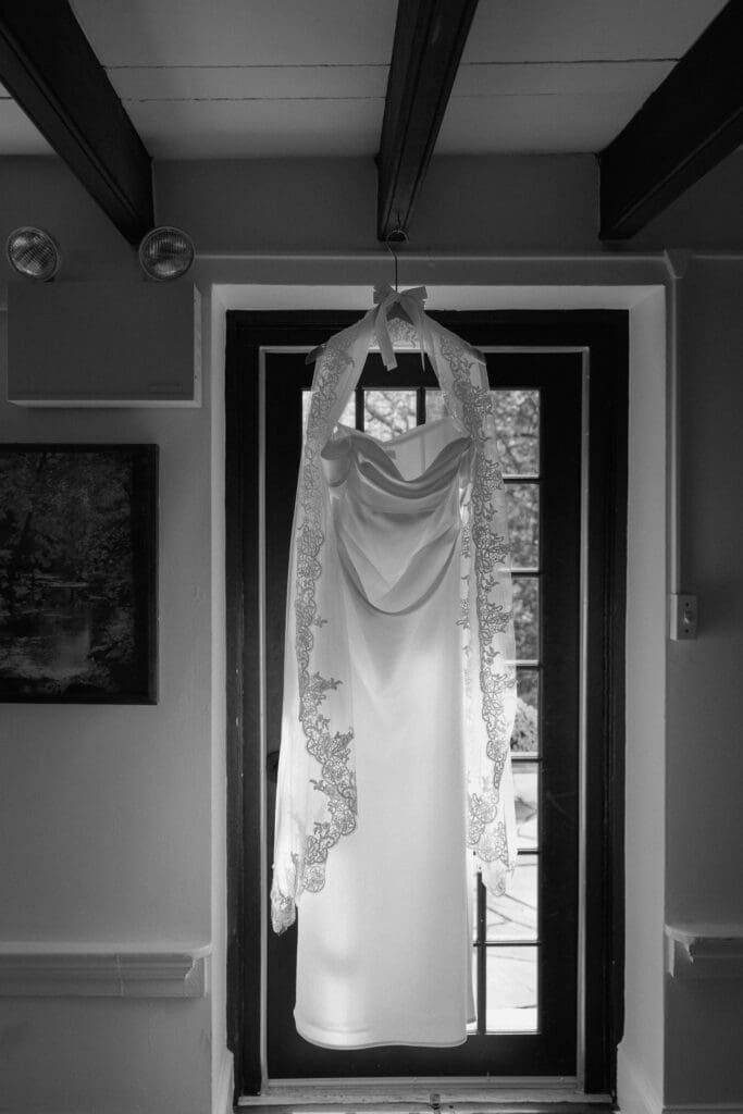 Wedding dress hanging inside Parque at Ridley Creek
