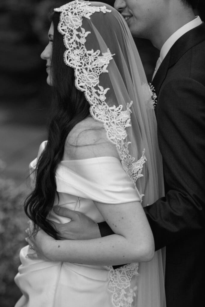 Black and white bride and groom portrait 

