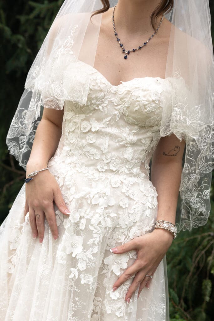 Close-up bridal portrait highlighting the bride's lace wedding dress and veil
